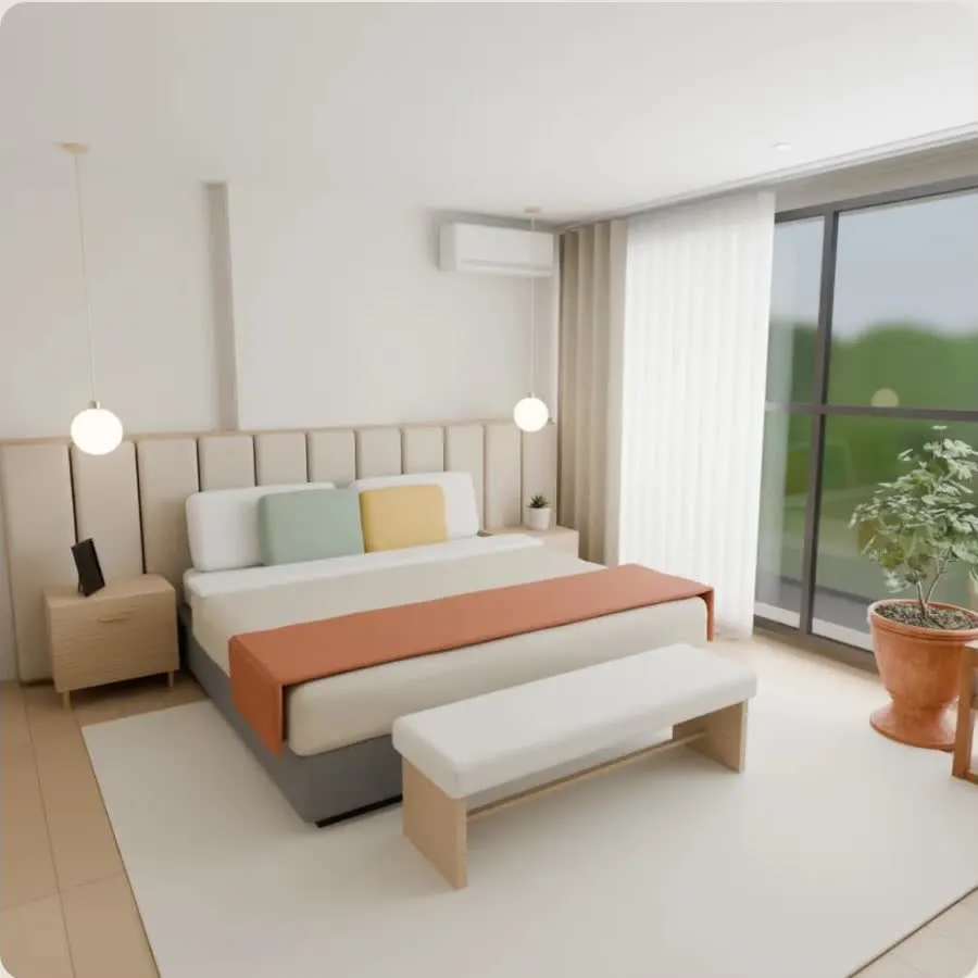 Bedroom rendered in 3D from a floor plan