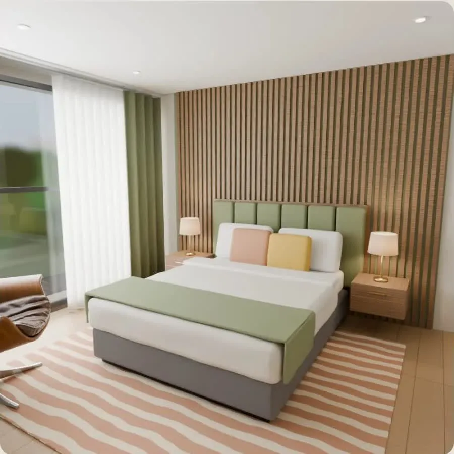 The same bedroom, style B: walnut slats and sage