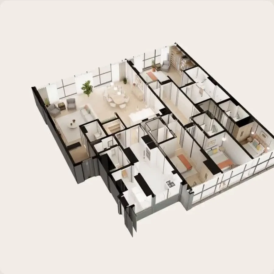 3D dollhouse view of a furnished apartment