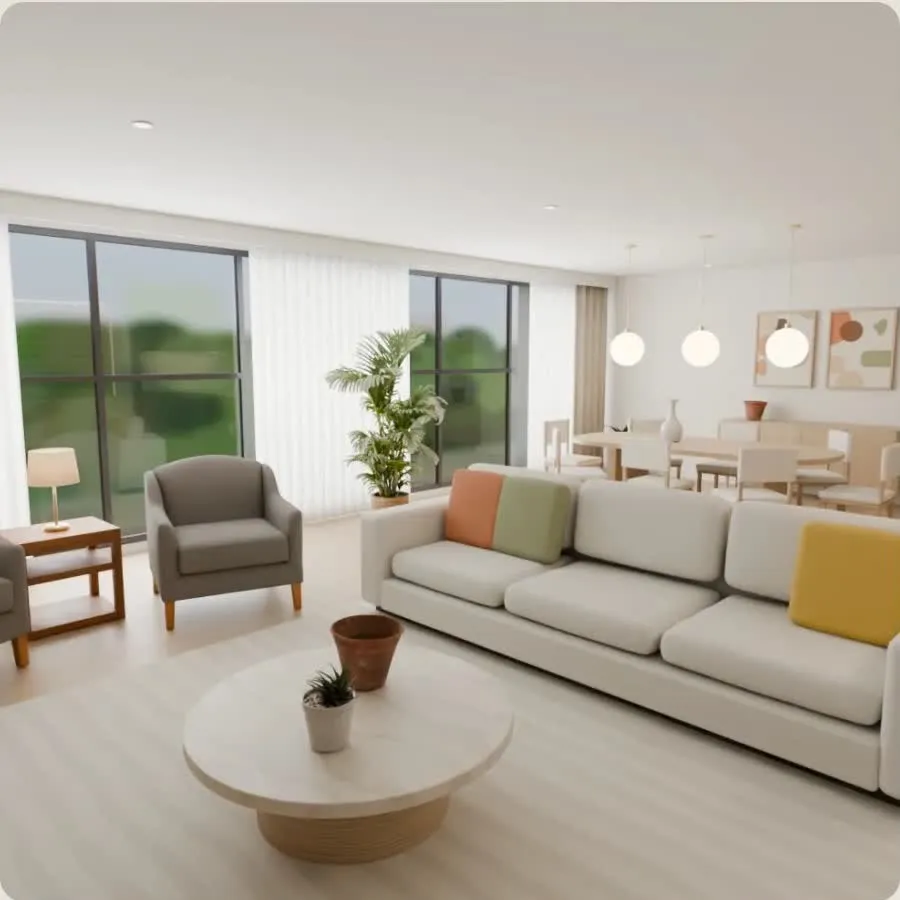 Furnished living room rendered in 3D from a floor plan